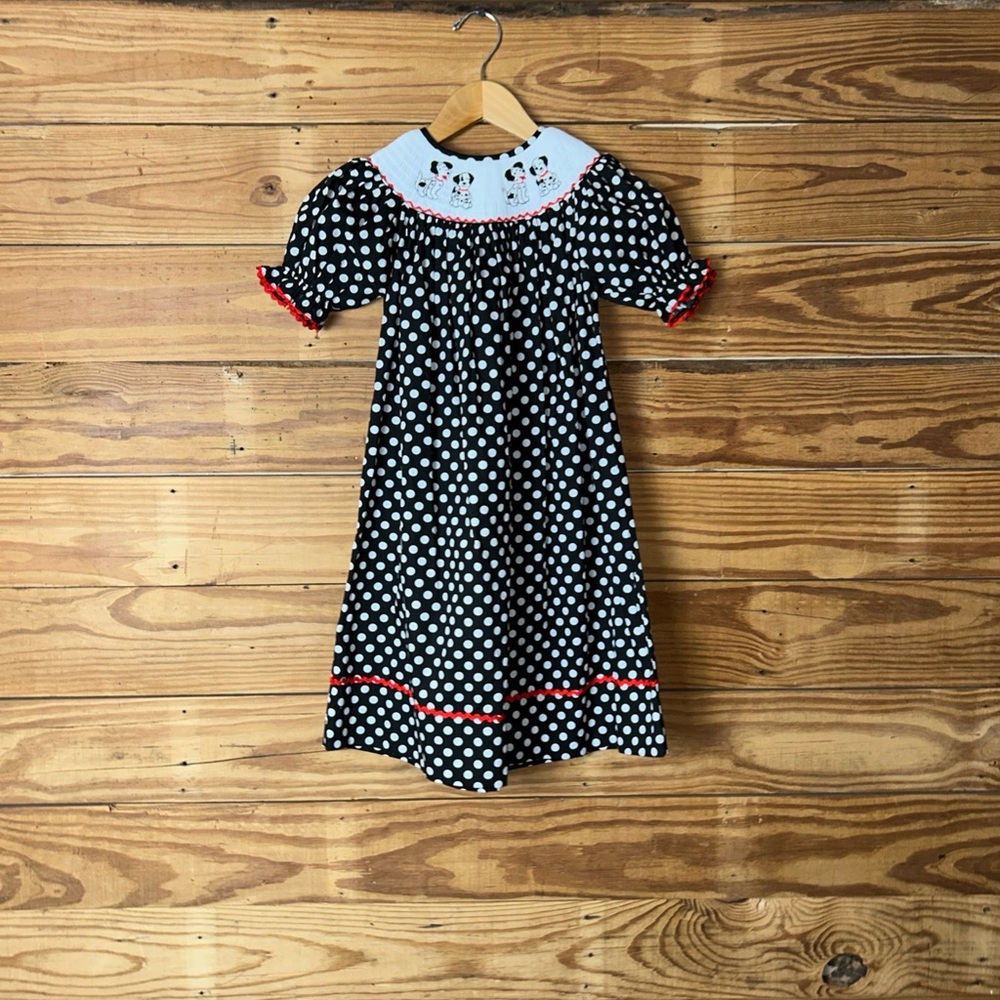 Black Polka Dot Smocked Kids Dress with White Embroidered Collar